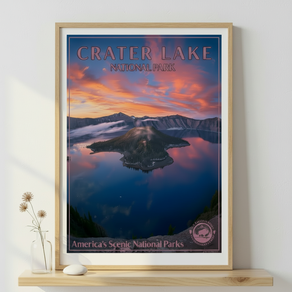 Crater Lake national Park poster in a oak frame against a white wall