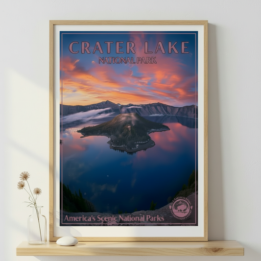 Crater Lake national Park poster in a oak frame against a white wall