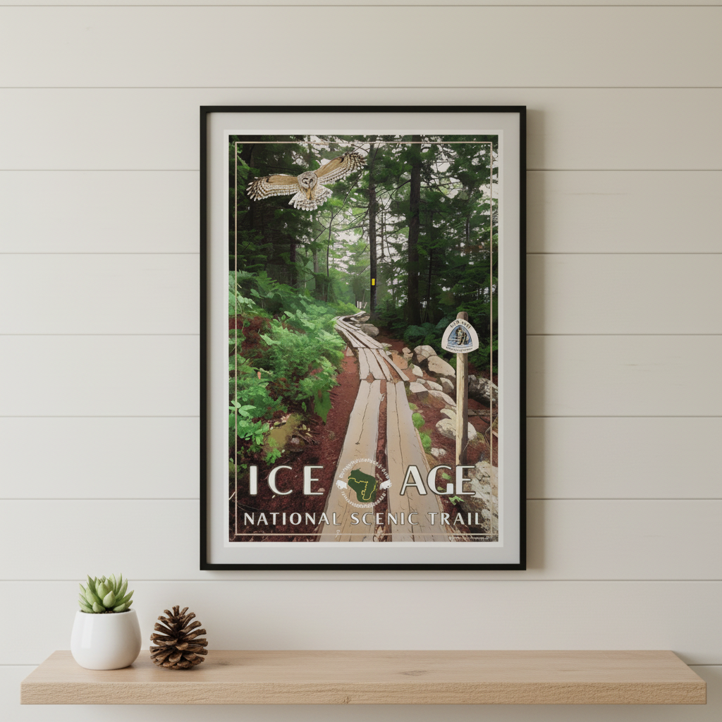 Ice Age Trail poster hanging on a light colored shiplap wall above a wood shelf with pinecones and decorative elements