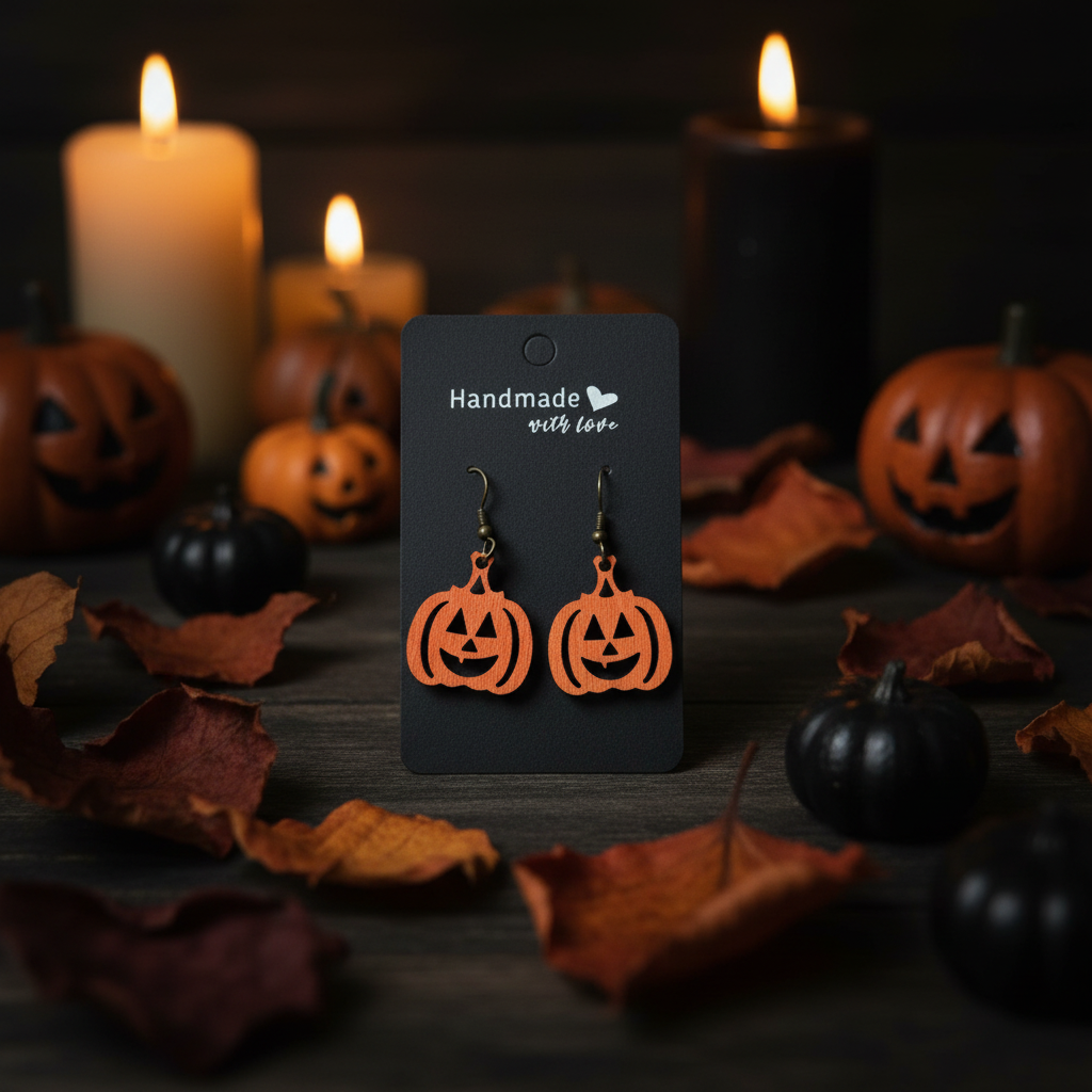 Halloween-themed pumpkin earrings on a card with candles and pumpkins in the background