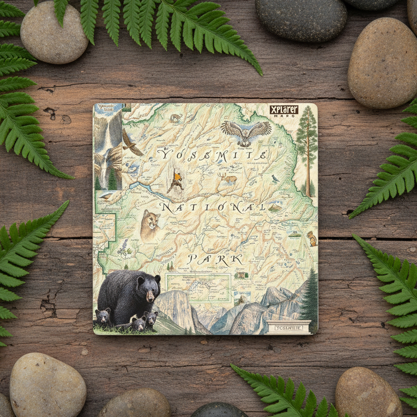 A square coaster featuring a vintage-style Yosemite National Park map illustration, styled on a rustic wooden surface surrounded by green ferns and smooth stones.