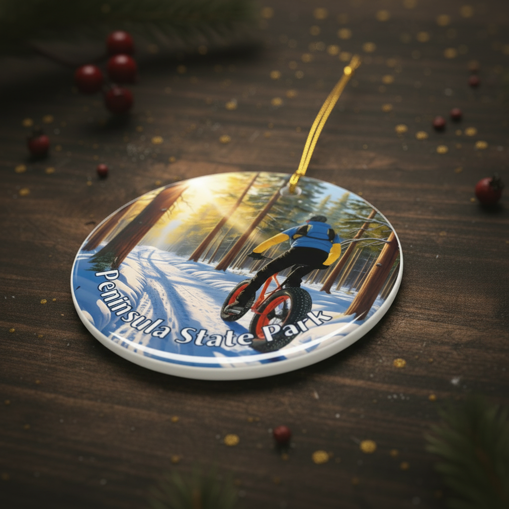 Ornament with a winter scene of a person on a bike in Peninsula State Park, placed on a wooden surface.