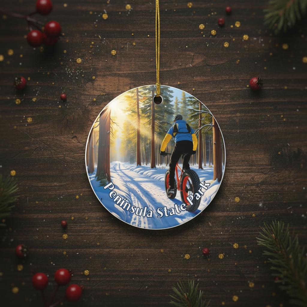 Round Christmas ornament with a person on a bike in a forest, hanging on a wooden surface with decorations.