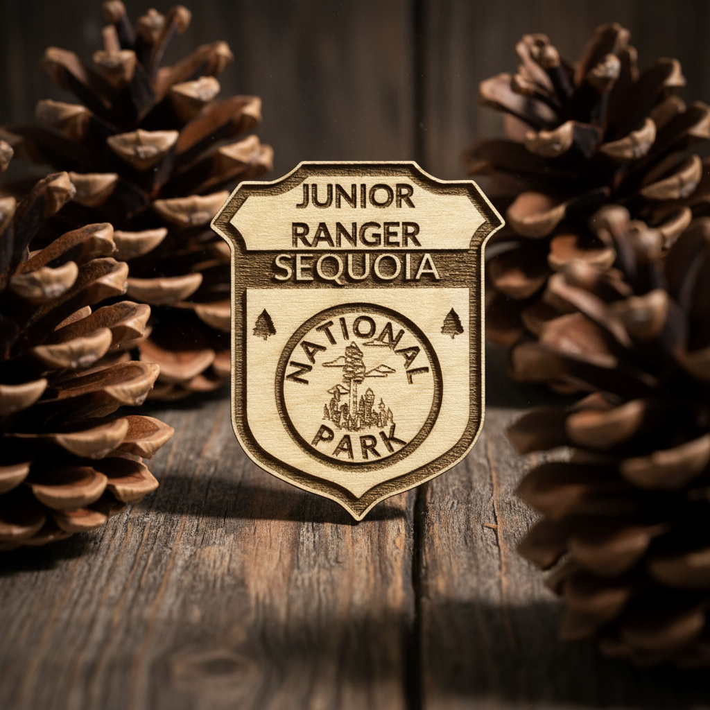 A small shield-shaped badge reading "JUNIOR RANGER SEQUOIA" and "NATIONAL PARK" is centered on a rustic wooden surface, framed by pinecones on both sides.