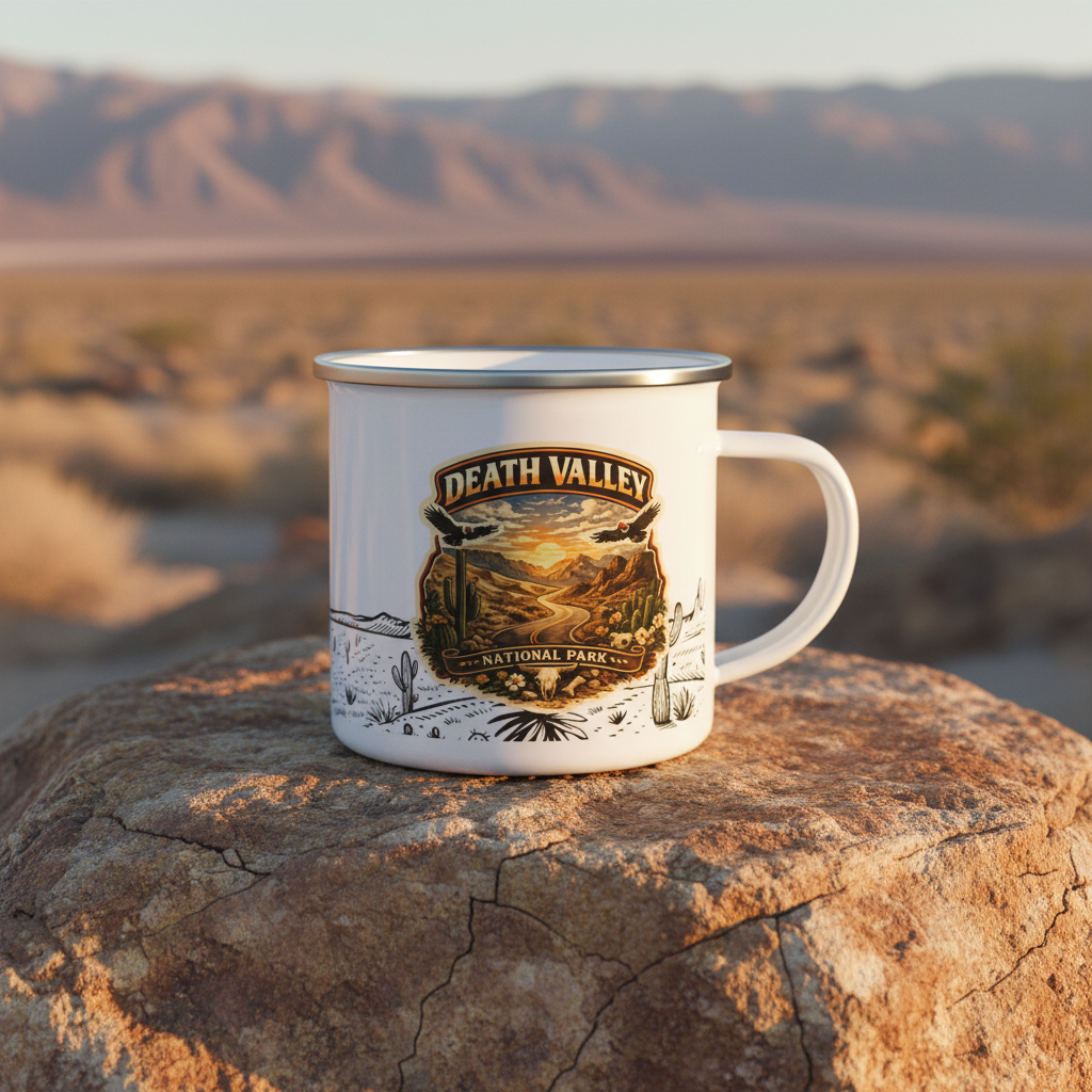 Enamel mug with 'Death Valley National Park' design on a rock in a desert landscape