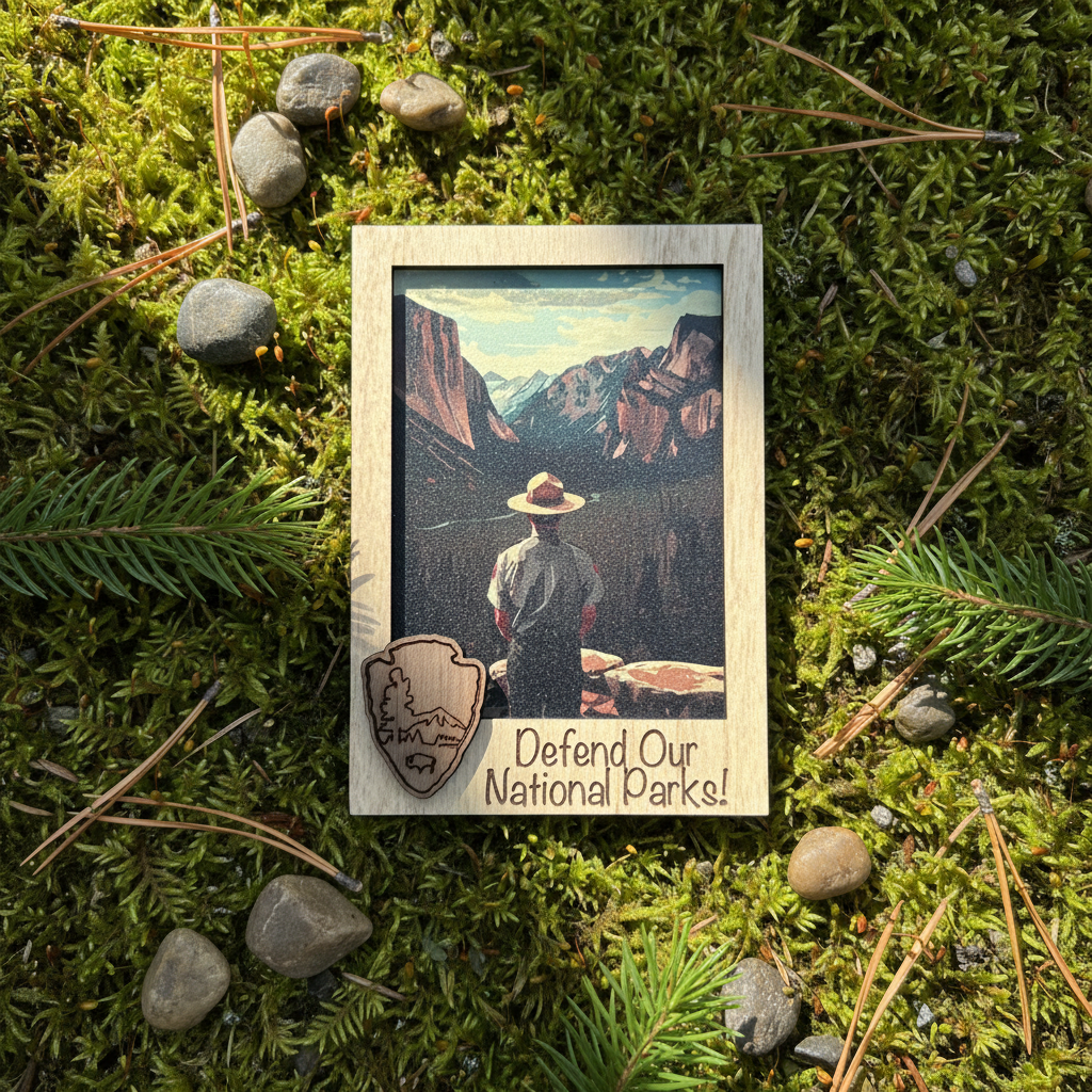 A rectangular wooden magnet featuring a scenic national park illustration and the text 'Defend Our National Parks!' lies on a bed of green moss with small stones and pine needles around it.
