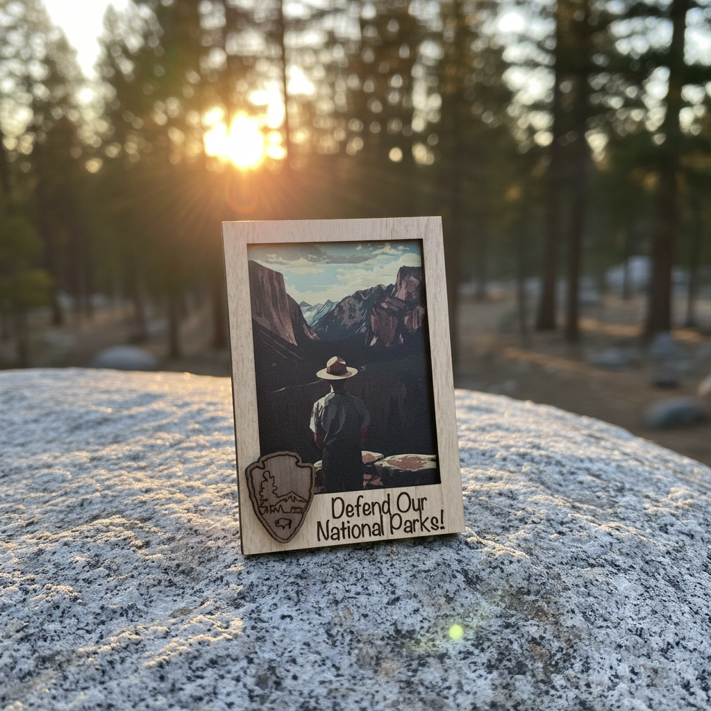 A small wooden framed sign with a landscape photo of a park and the text 'Defend Our National Parks!' stands on a granite rock with a blurred forest background at sunset.