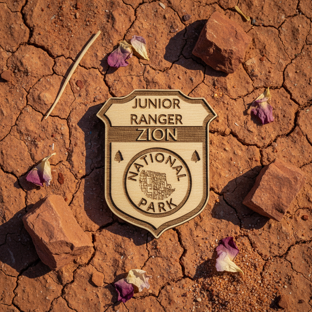 Zion Junior Ranger badge on Desert clay background with natural elements