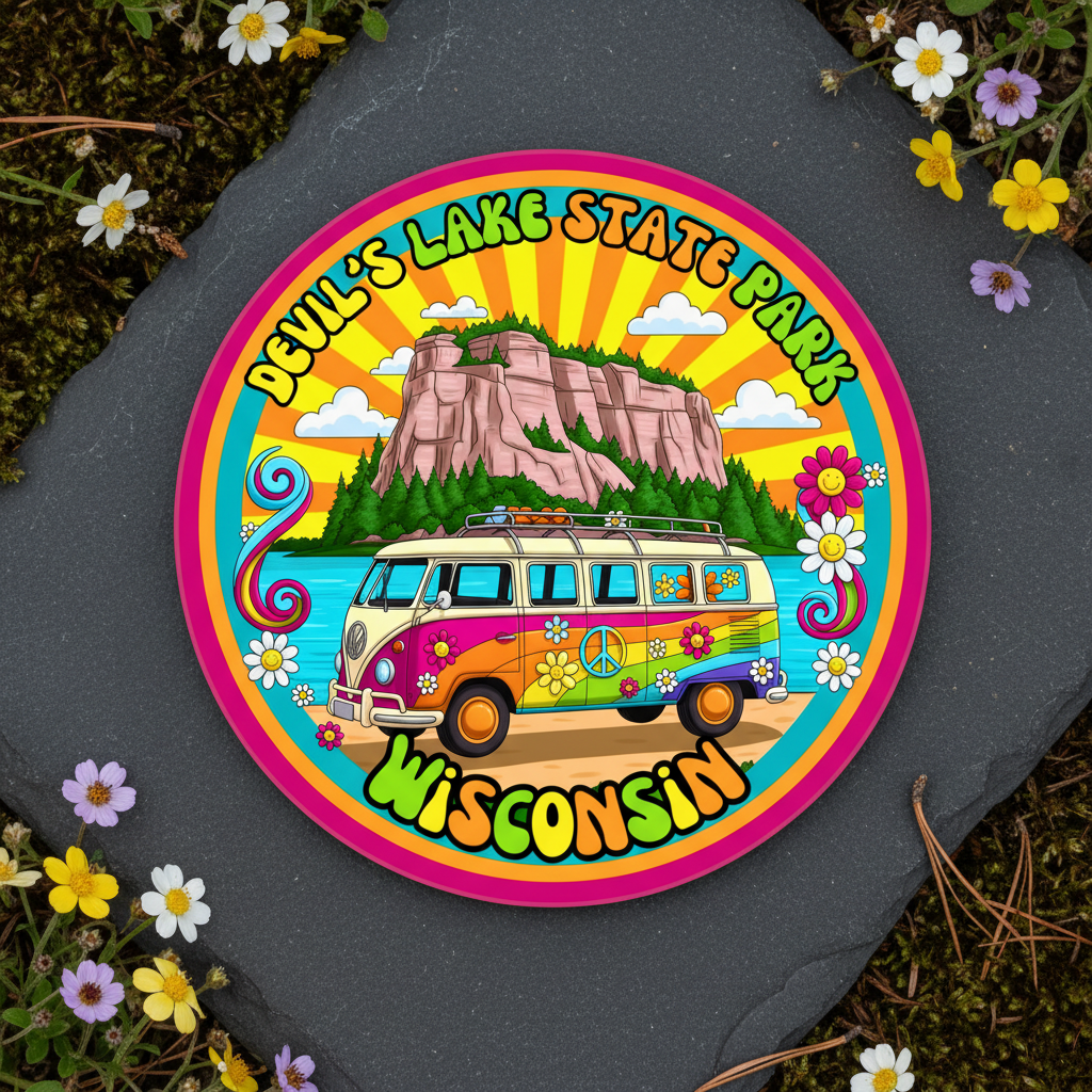 Colorful sticker of a van and bluffs with 'Devil's Lake State Park, Wisconsin' text on a natural background.