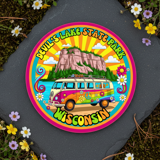 Colorful sticker of a van and bluffs with 'Devil's Lake State Park, Wisconsin' text on a natural background.