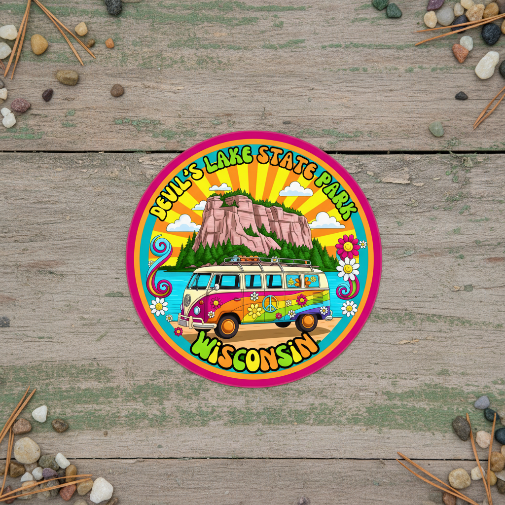 Colorful sticker of a van and bluff on a wooden surface with decorative elements.