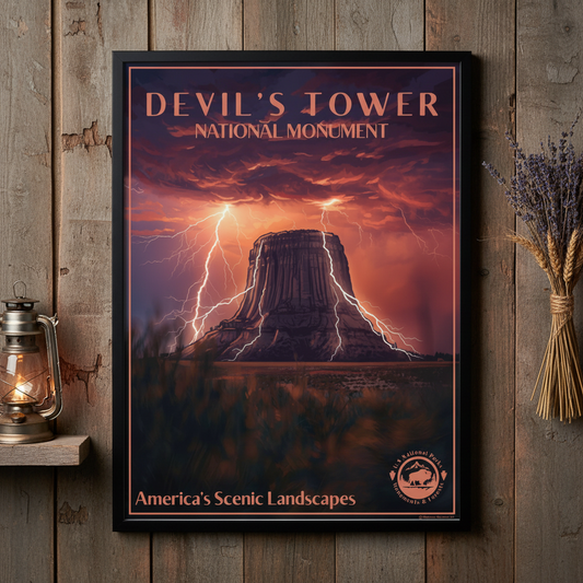Frame devil’s tower poster, depicting, lightning strikes, and a stormy sky against a rustic wall with decorative elements