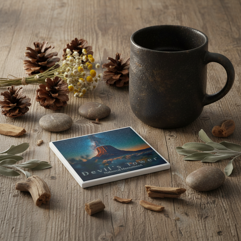 Devil's Tower Ceramic Coaster on a wood surface, surrounded by natural elements, like pinecones flowers, rocks, and a mug
