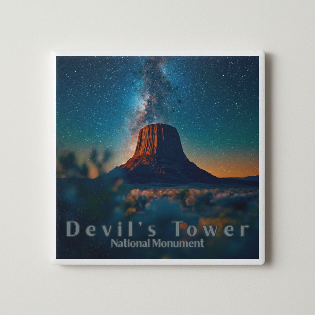 Devil's Tower Ceramic Coaster - Zoomed In Straight On view on a beige background 