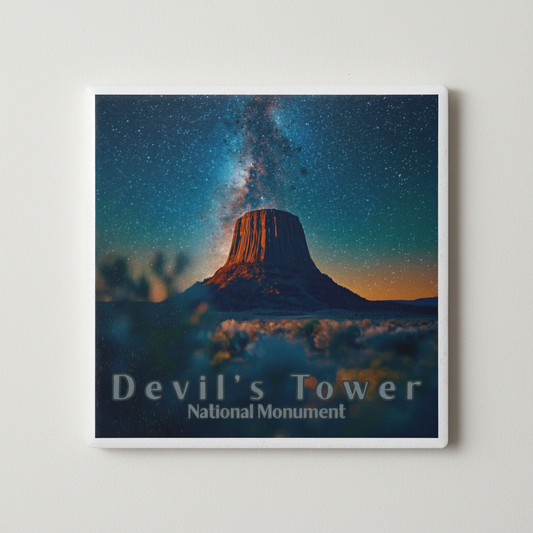 Devil's Tower Ceramic Coaster - Zoomed In Straight On view on a beige background 
