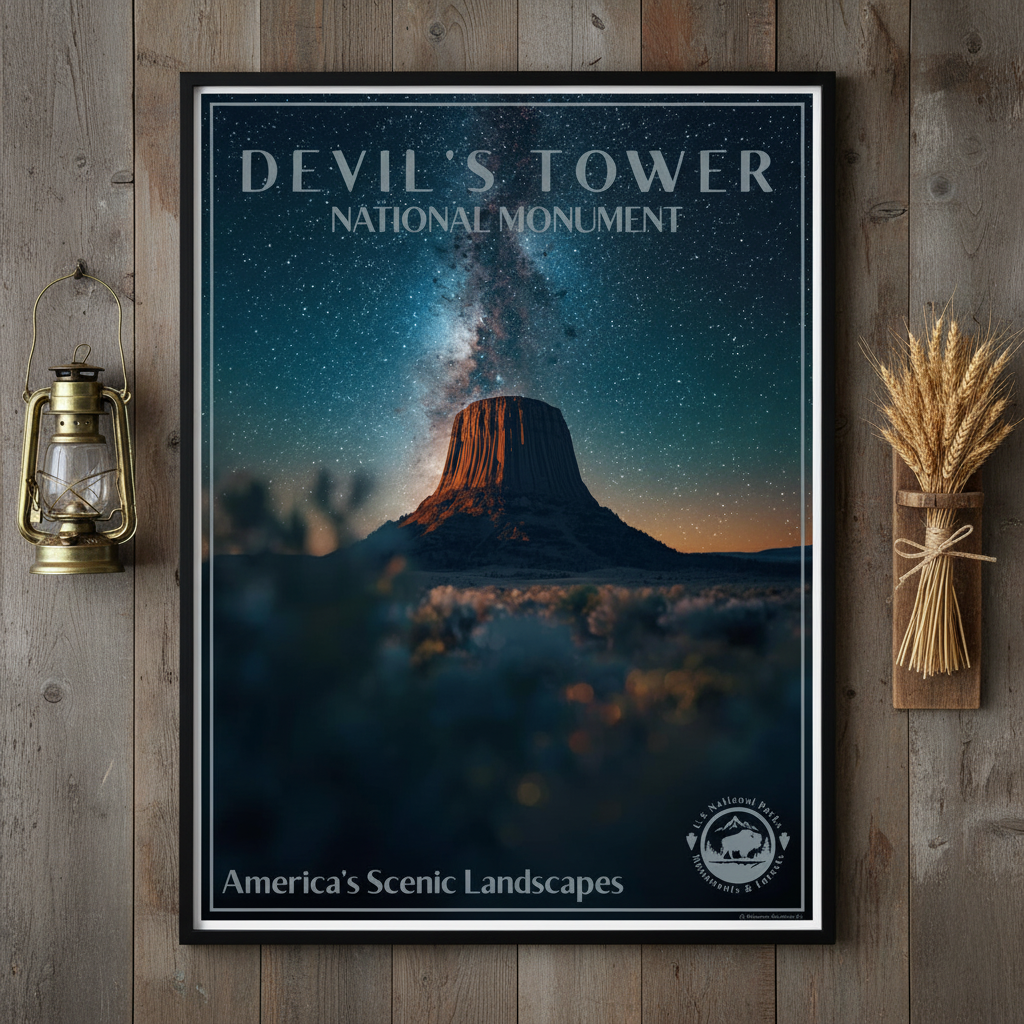 A framed poster, depicting devil’s tower in a vibrant starry sky against a rustic wall with decorative elements