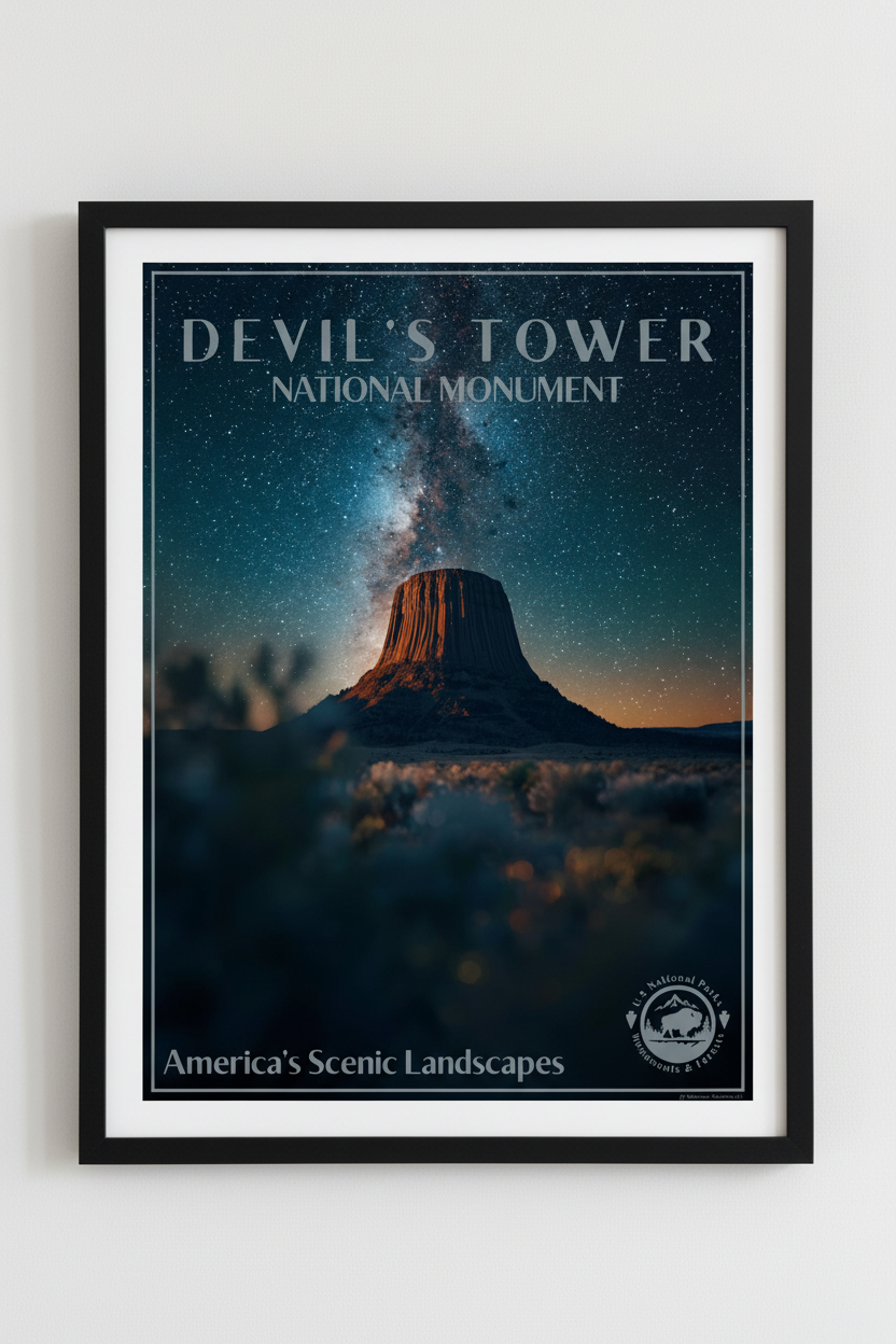 Framed Devil's Tower Night Sky Poster featuring a vibrant night sky shot of the Milky Way galaxy over Devil’s tower.