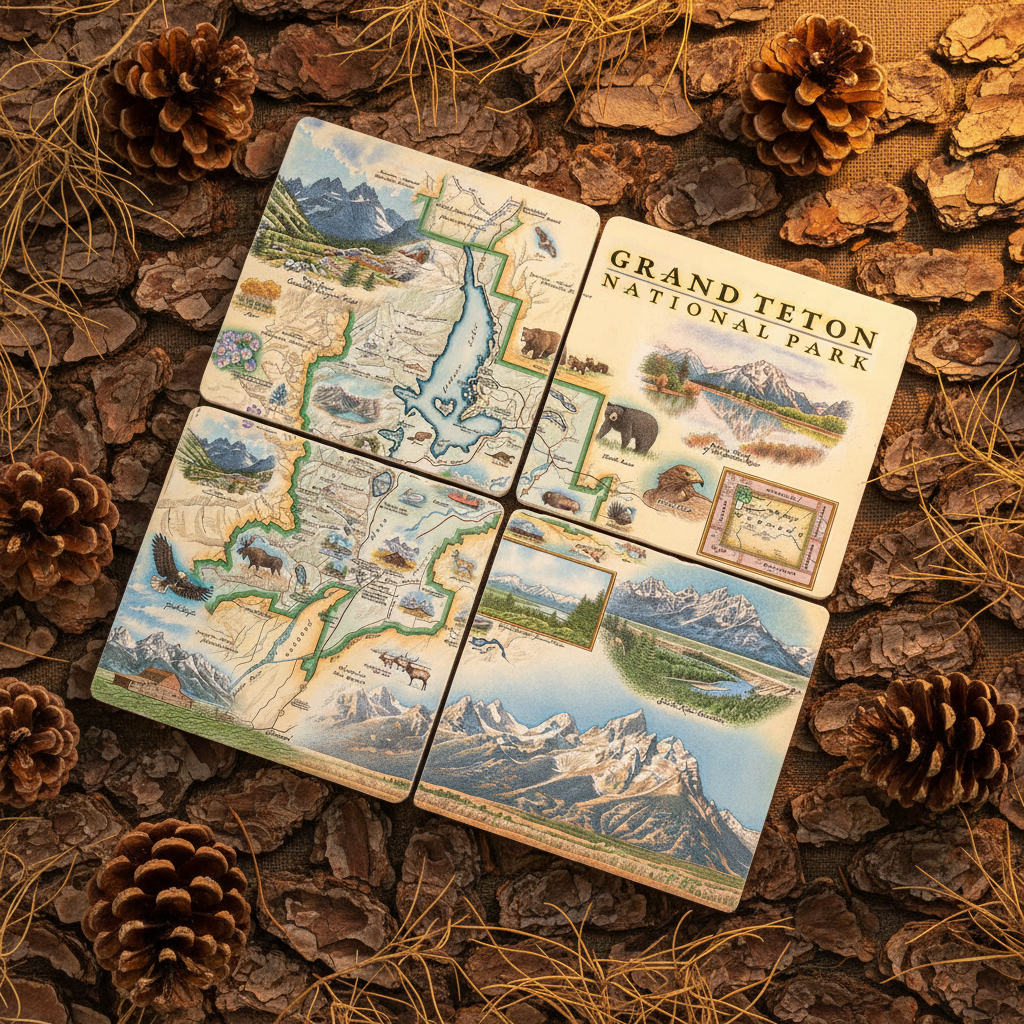 Four square coasters featuring illustrated maps and scenes of Grand Teton National Park, arranged on a rustic background of pinecones and dried grass.