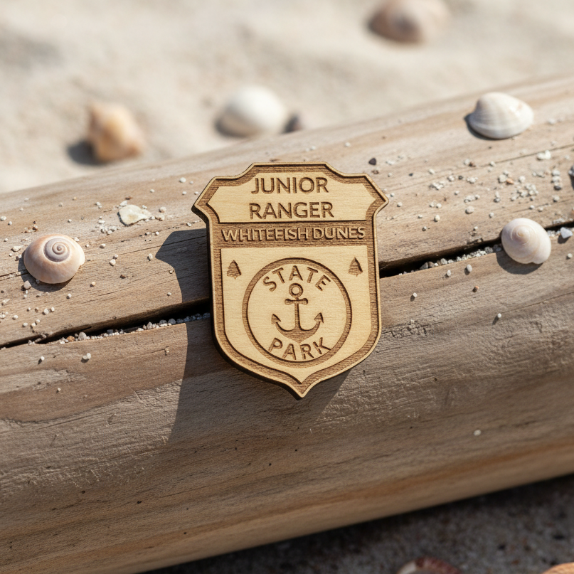 Junior Ranger badge on a wooden log with seashells in the background