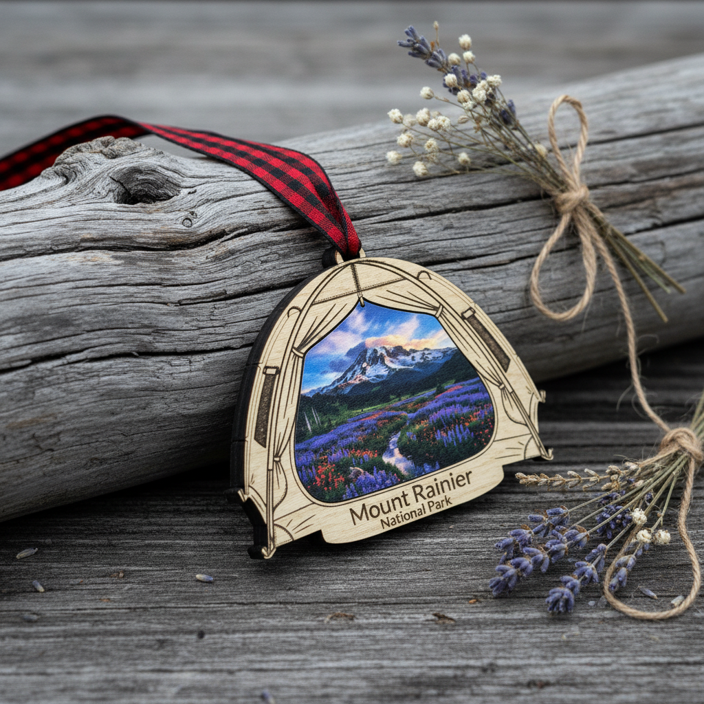 A decorative outdoor ornament shaped like a tent, featuring a printed landscape of Mount Rainier National Park and a red-and-black plaid hanging ribbon, styled on a weathered log with dried lavender sprigs.