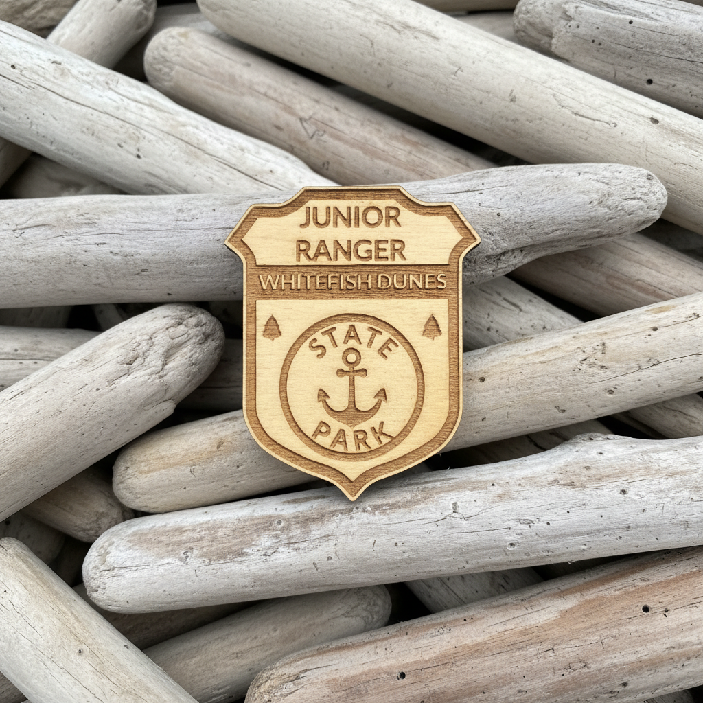 Wooden Junior Ranger badge from Whitefish Dunes State Park on a background of light wooden planks.