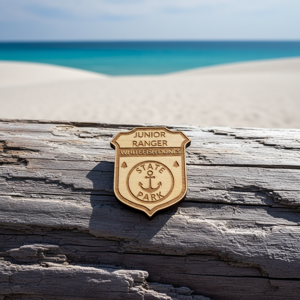 Wooden badge on a log with a beach and ocean in the background