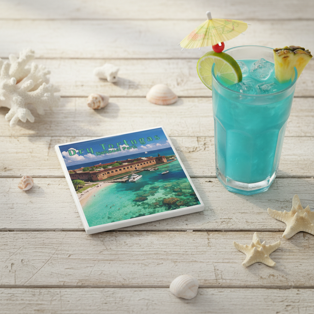 Dry Tortugas Coaster featuring historic fort and turquoise blue waters against a wood and beach themed background with natural elements and a blue beach themed umbrella drink.