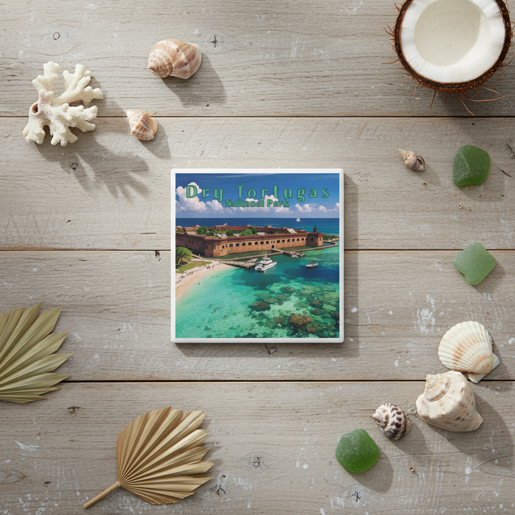 Dry Tortugas Coaster featuring historic fort and turquoise blue waters against a wood and beach themed background with natural elements.