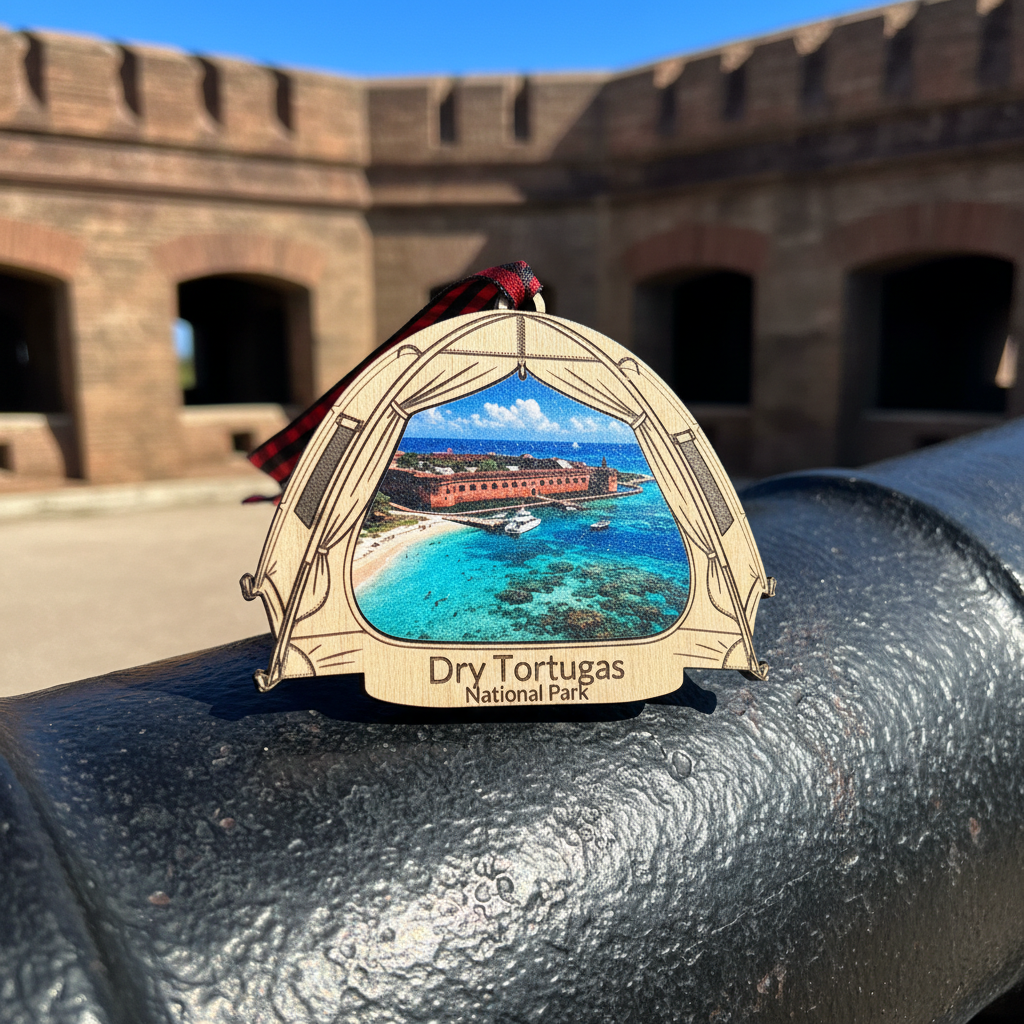 A wooden tent shaped ornament featuring a colorful scenic print of Dry Tortugas National Park and a red ribbon loop, displayed on a black cannon barrel with the fort blurred in the background.