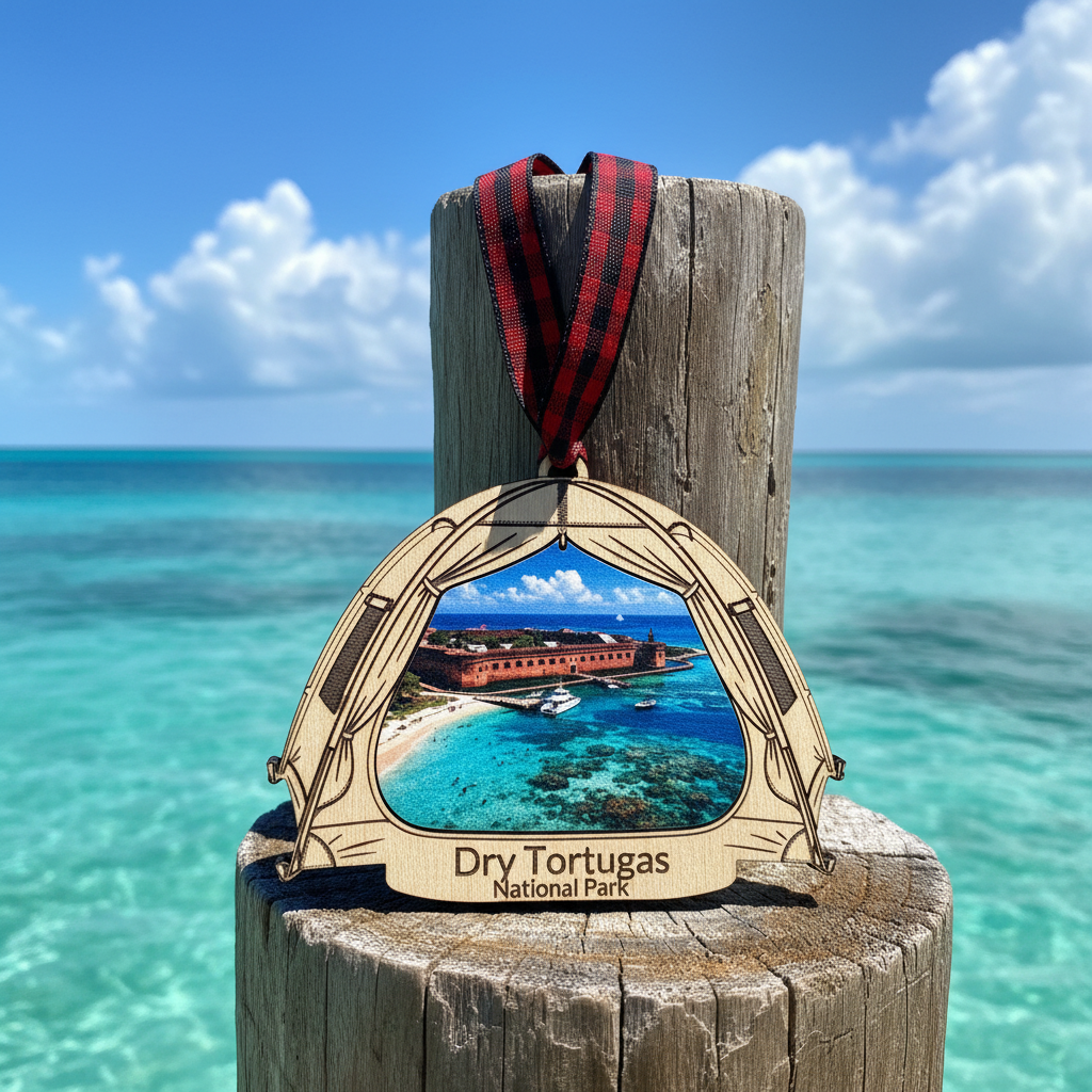 A wooden tent shaped hanging ornament with a red-and-black plaid ribbon, featuring a printed scene of Dry Tortugas National Park and the text 'Dry Tortugas National Park' on a weathered wooden post with a tropical ocean background.