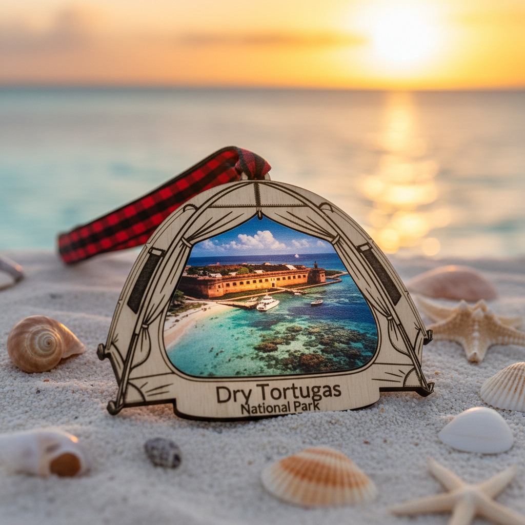 A novelty beach ornament shaped like a tent, featuring a printed photo of Dry Tortugas National Park and a red-and-black plaid ribbon, displayed on white sand with seashells and starfish against a sunset ocean background.