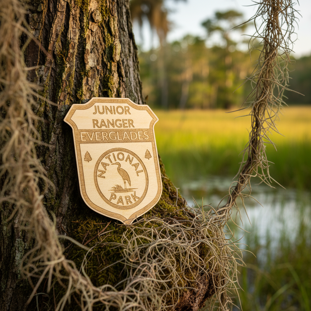 A wooden shield-shaped sign engraved with 'JUNIOR RANGER EVERGLADES NATIONAL PARK' is attached to a tree trunk in a marsh setting with hanging Spanish moss and a blurred wetland background.