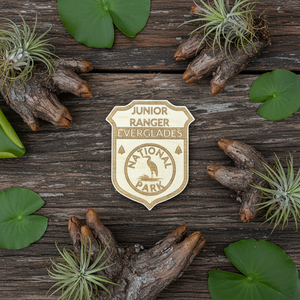A shield-shaped wooden badge reading 'Junior Ranger Everglades National Park' is centered on a rustic dark wood surface, surrounded by green lily pads, air plants, and tree roots.