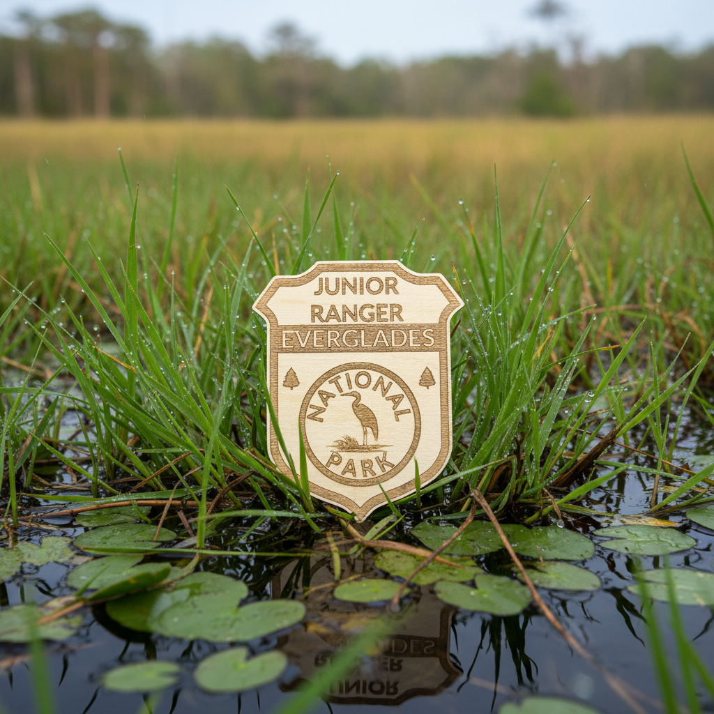 A wooden Junior Ranger Everglades National Park badge is displayed upright in a marshy water area with green reeds and lily pads, with a blurred background of wetlands and trees.