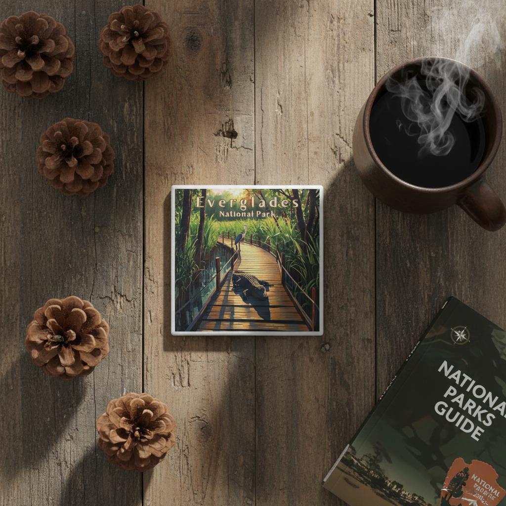 Cup of coffee with Everglades National Park coaster on a wooden surface with pinecones.