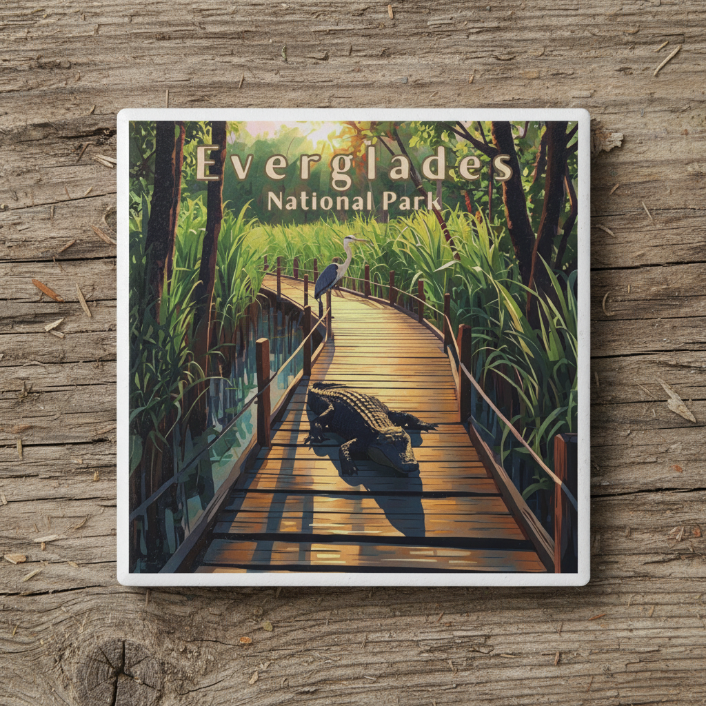 Decorative coaster for Everglades National Park with an illustration of a boardwalk and alligator.
