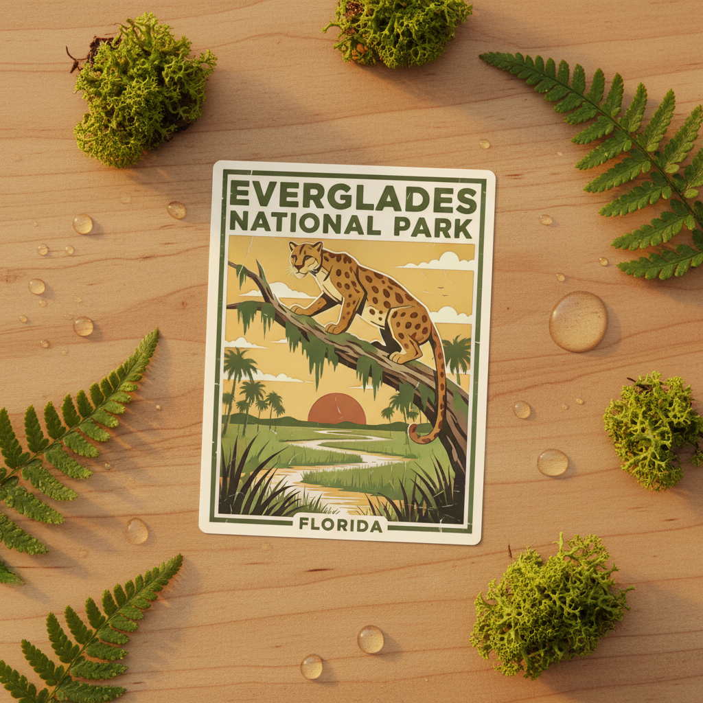 Everglades National Park Florida sticker with a panther on a wooden surface with greenery.