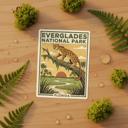 Everglades National Park Florida sticker with a panther on a wooden surface with greenery.