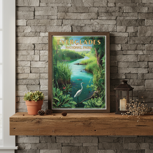Framed poster of Everglades National Park on a stone wall with decorative items.