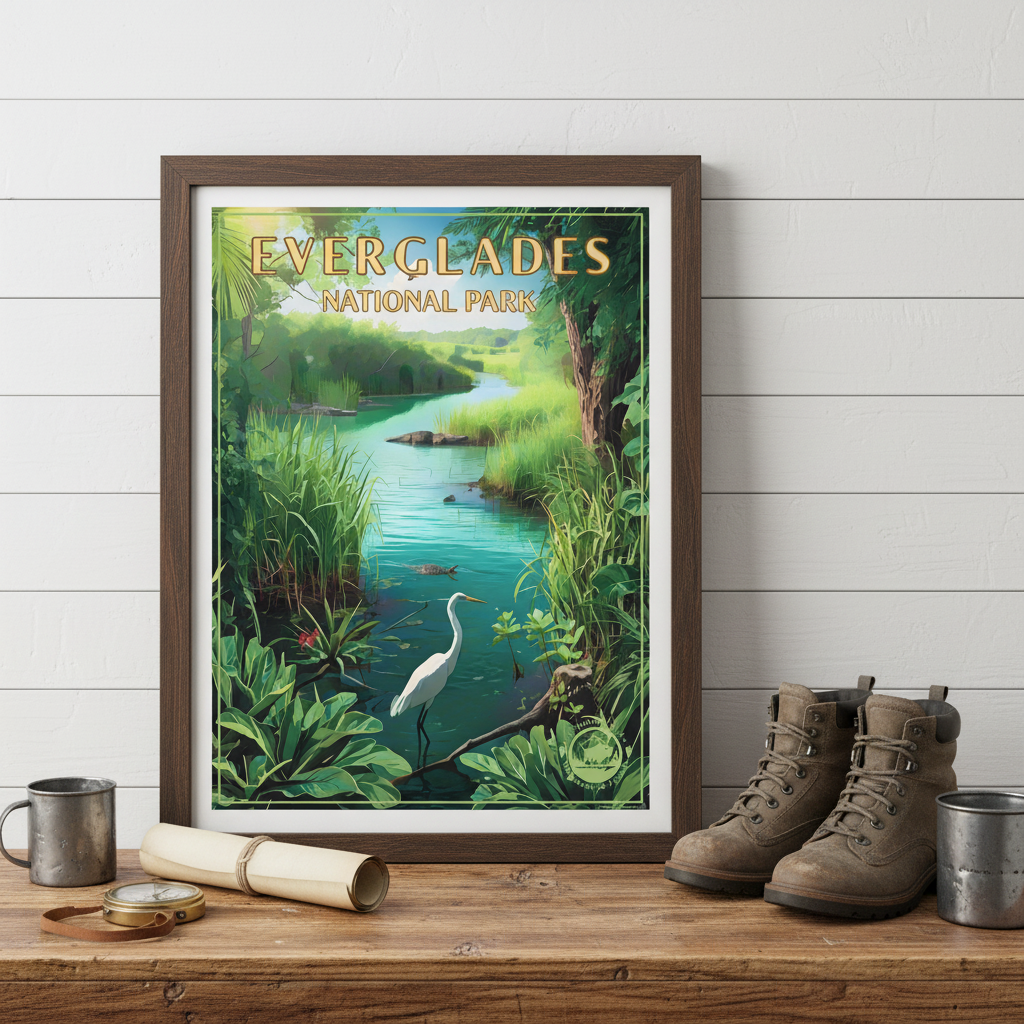 Framed poster of Everglades National Park with boots and a mug on a wooden surface.