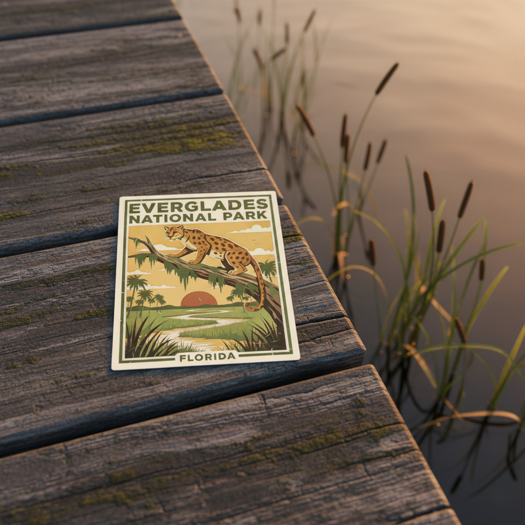 Everglades National Park Florida sticker on a wooden dock with water and reeds in the background