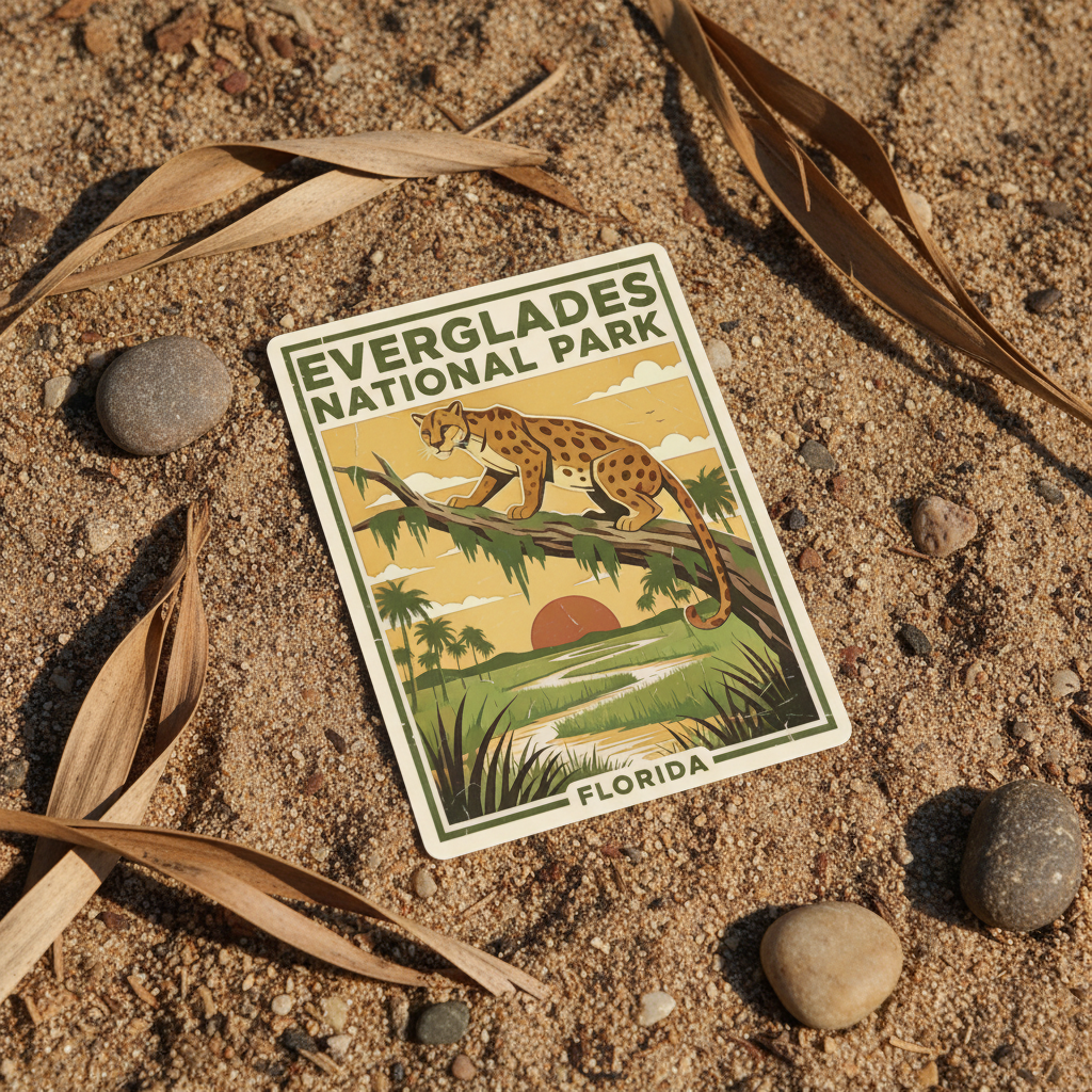 Everglades National Park Florida sticker on a sandy surface with leaves and stones.