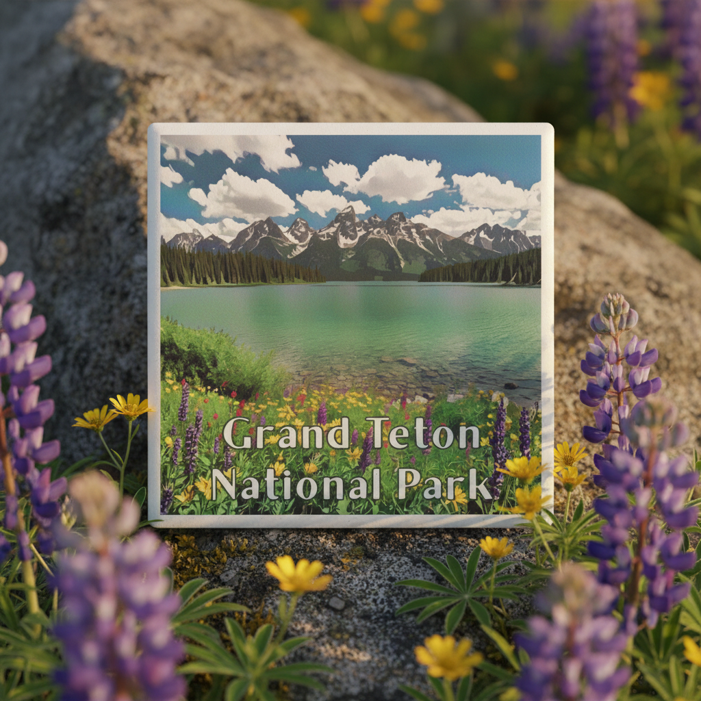 A square coaster featuring a scenic Grand Teton National Park landscape with mountains, a turquoise lake, and wildflowers, displayed on a rock surrounded by purple lupines and yellow flowers.