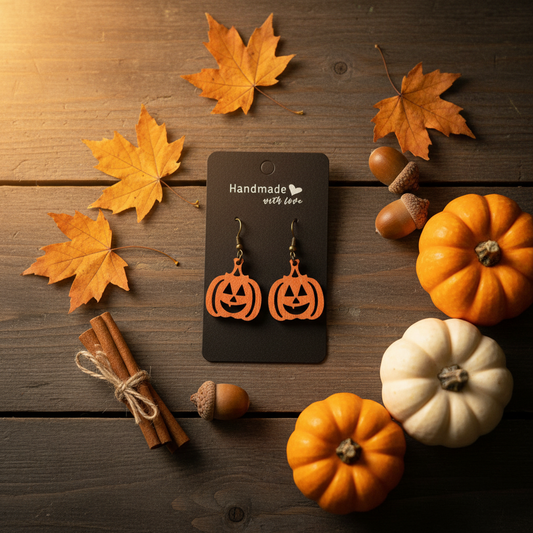 Pumpkin-shaped earrings on a card with autumn-themed items on a wooden surface