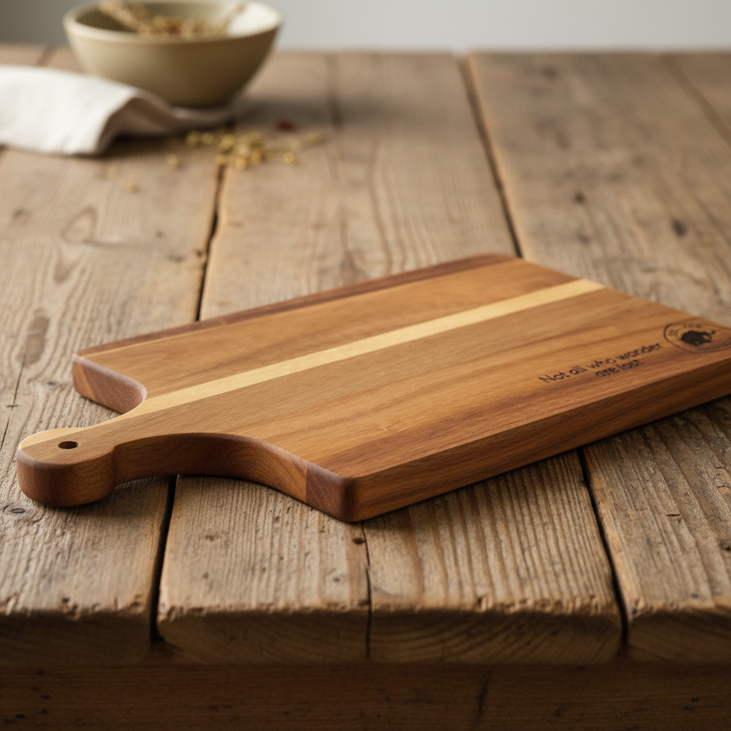 Wooden cutting board with handle on a rustic wooden table