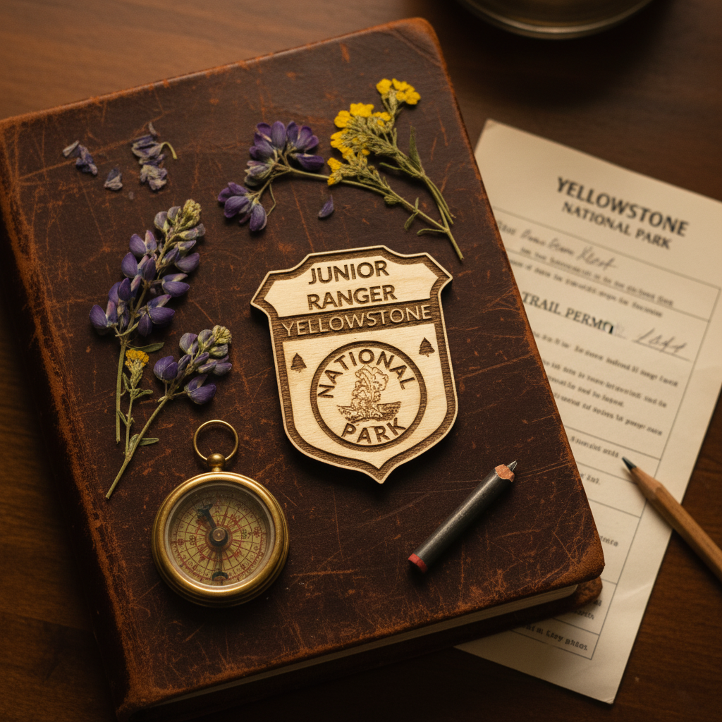 Wood junior Ranger badge laying on top of a field journal on a table with other decorative elements