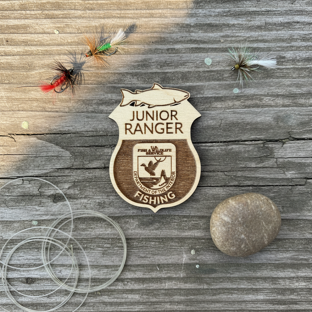 Junior Ranger, fishing badge laid against weather, dock, wood with fishing lures, and fishing elements in the background.