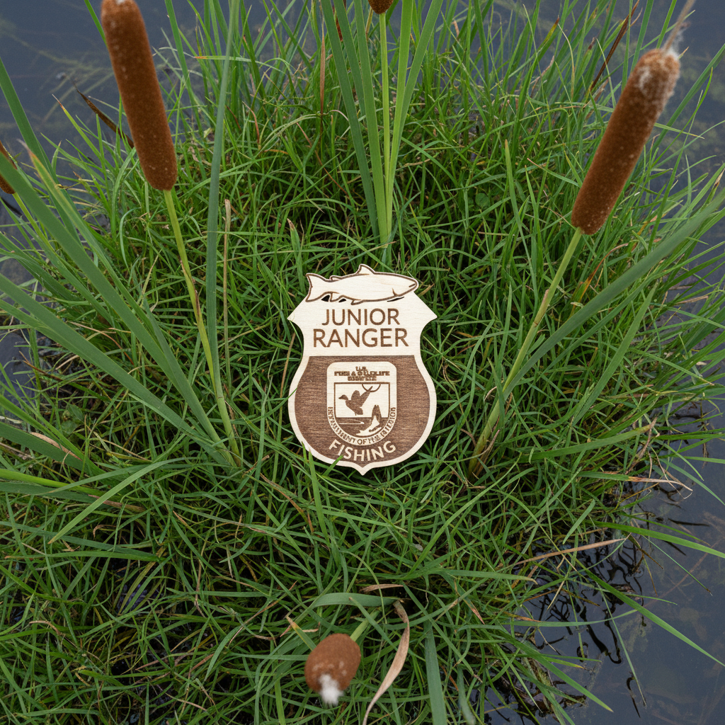 Wood U.S. Fish and Wildlife service junior Ranger badge laying in a bed of cat tails.