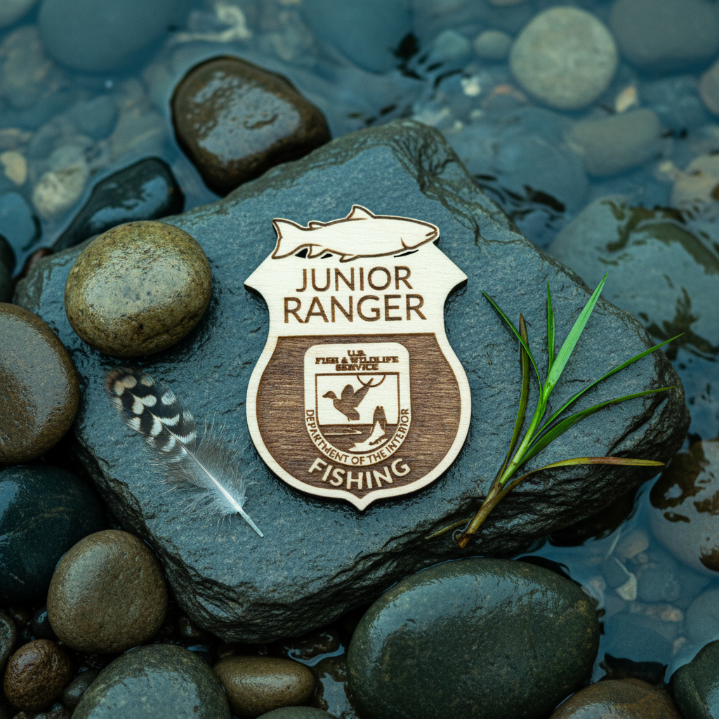 U.S. Fish and Wildlife service fishing badge laid on a wet stone in a stream