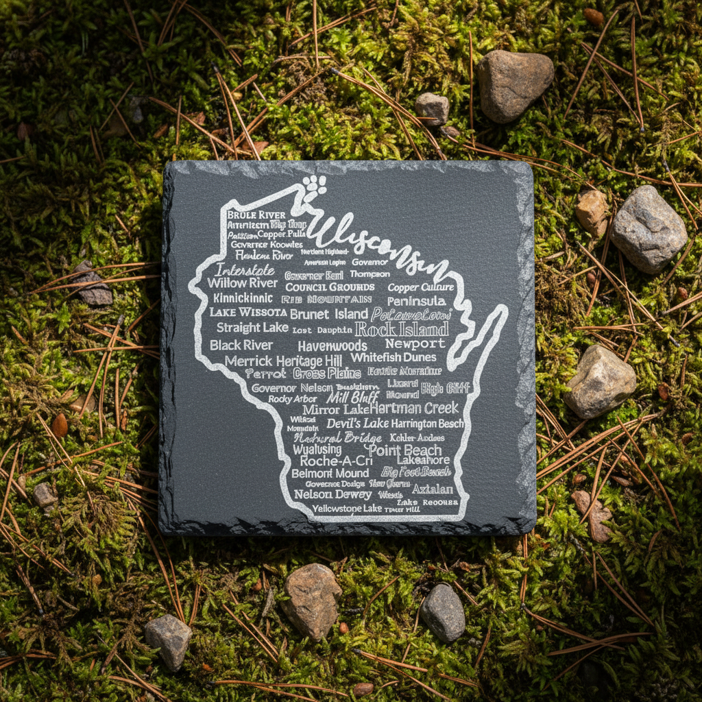 Slate with engraved map of Wisconsin parks on a mossy background